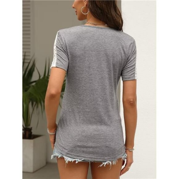 Womens Lace Short Sleeve V Neck T Shirts Summer Casual Tops Loose Fit Tees - Picture 5 of 6